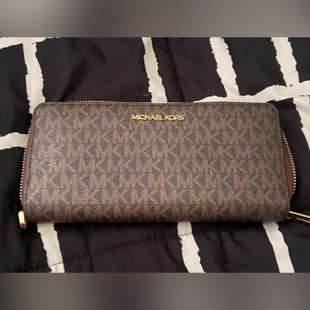 Michael Kors Brown MK Logo Zip-Around Wallet with Gold Hardware